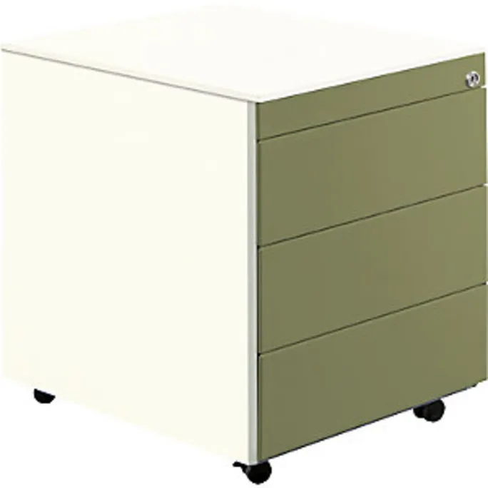 image-22664.webp Schubladencontainer, Rollen, 570x600mm, Stahlplatte, 3xSchublade, weiß/grün/weiß – Bild 1