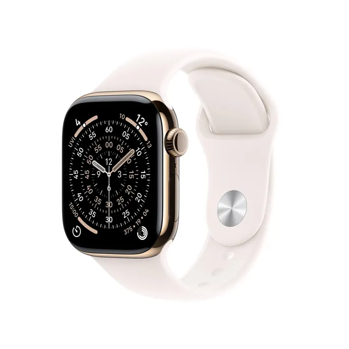image-6240.webp Apple Watch Series 11 GPS + Cellular 42mm Gold Titanium Gehäuse mit Sport Band (light blush) - S/M – Bild 1